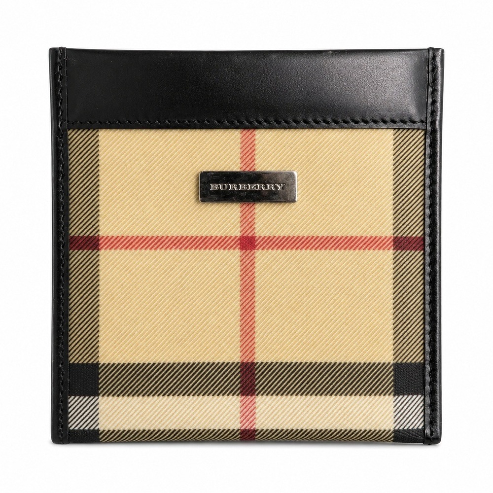 Burberry Vintage Nova Check Wallet Card Coin Holder Black Tan Leather England